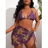 2022 New Plus Size Bikini Sets Sexy Push Up Swimwear Three Pieces Tummy Cover Bathing Suits Halter Tie Knot At Back Purple